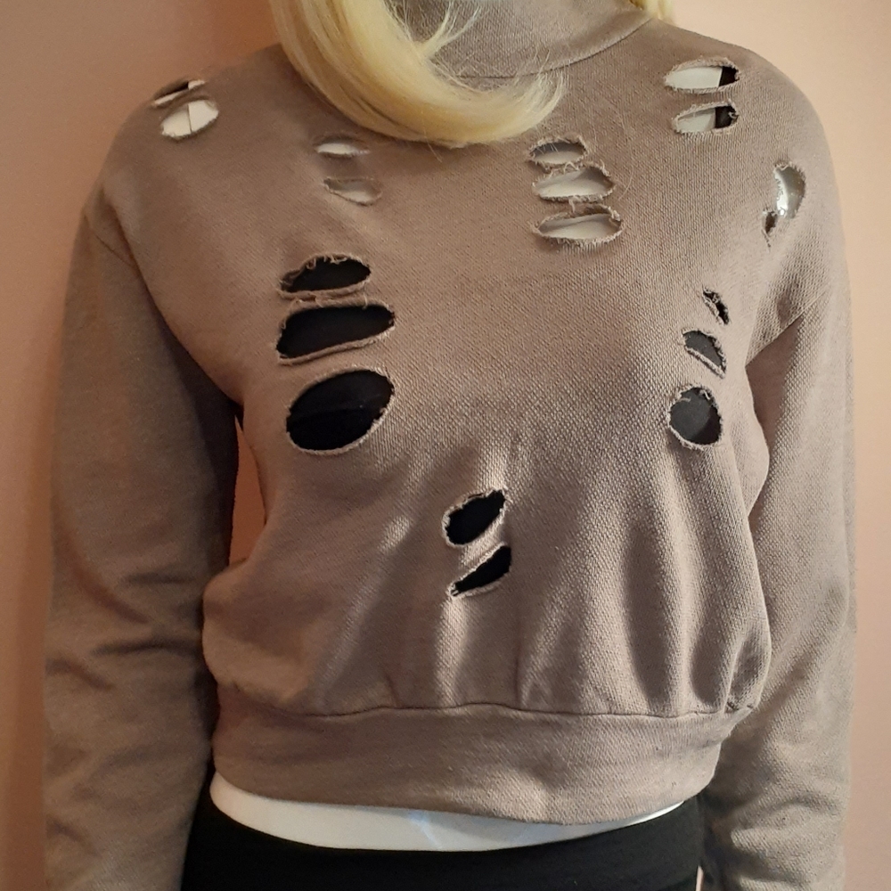 Cropped Distressed Mocha sweater